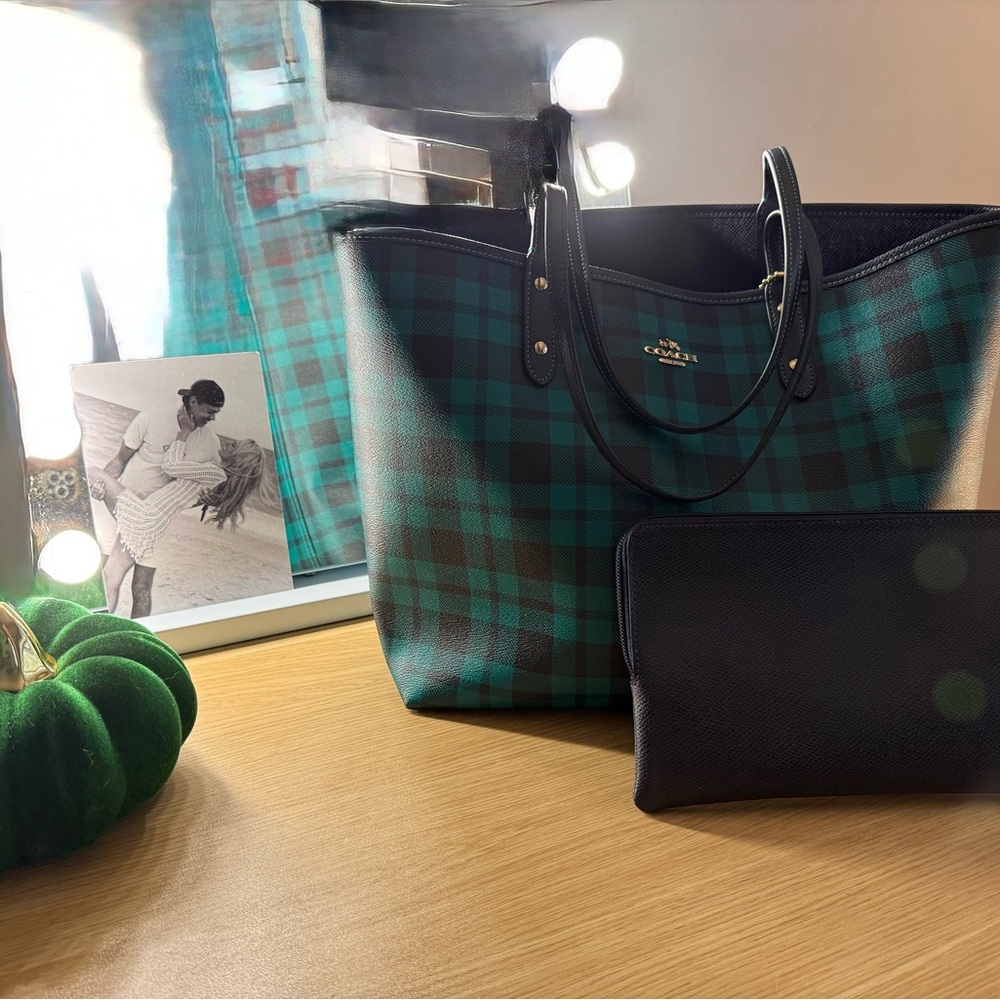 Coach Teal Plaid Tote with Black Wallet